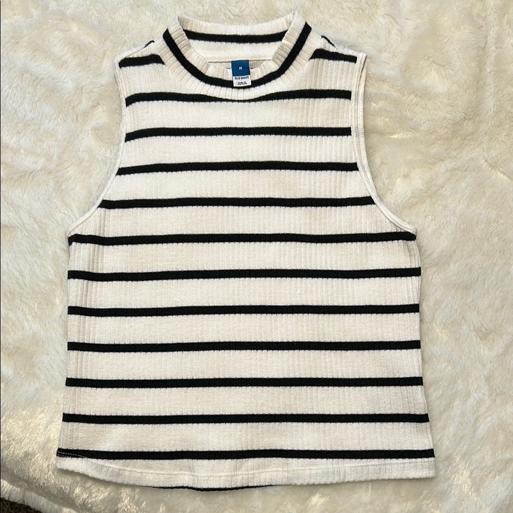 Striped Sleeveless Mockneck Top - Black and White